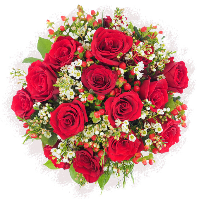 Suflet pereche - Buchet cu trandafiri rosii, hypericum si waxflower